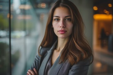 Portrait of a young professional woman with a thoughtful expression in an office environment