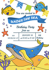 Children's holiday invitation. Under the sea party. Characters in comic style. Water day holiday. Undersea world. Trendy and modern style. Postcard. Vector illustration.  Anniversary. Set of fish