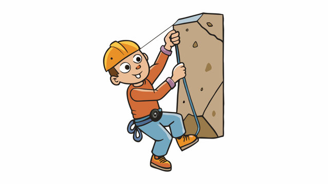 A rock climber using a grip hold to support their weight and pull themselves up a rock face. The hold is a small crevice in the rock able to. Cartoon Vector.