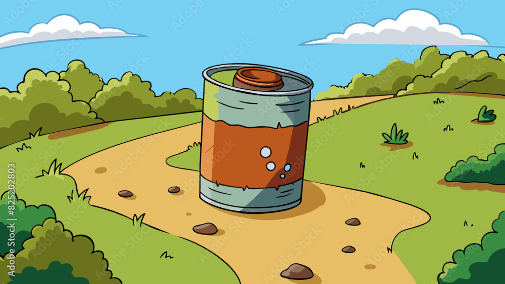 Poster A rusted tin can dented and covered in grime left behind on a hiking trail.. Cartoon Vector.