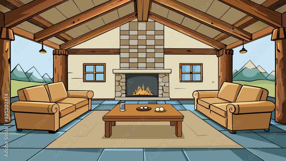 Poster a rustic cabin with wooden beams lining the ceiling and a stone fireplace in the corner. a large lea