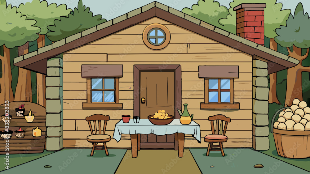 Poster a rustic home nestled in the woods with log walls and a wooden door that creaks when od. the kitchen