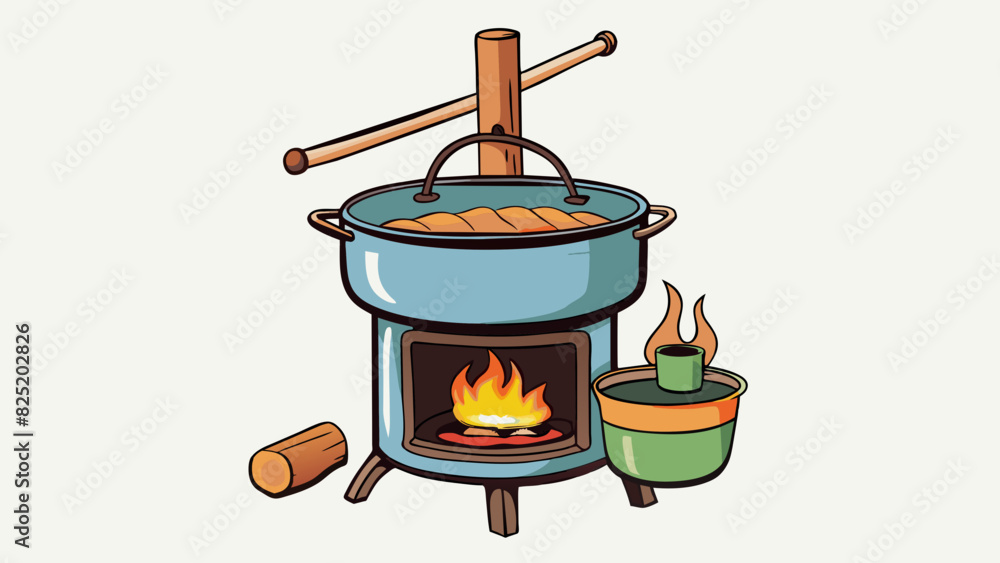 Poster a rustic vintagestyle cooker is comprised of a cast iron stove with a large pot on top for cooking m