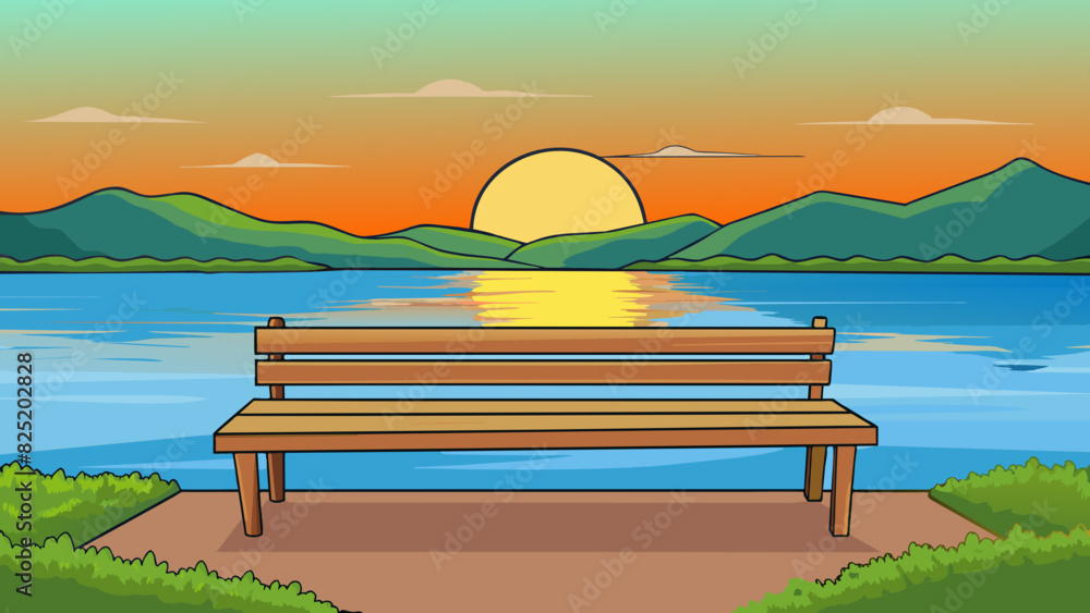 Poster a rustic wooden bench overlooking a serene lake the colors of sunset reflecting off its surface. its