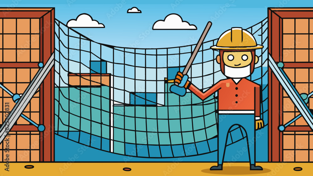 Poster A safety net on a construction site preventing falls with its strong mesh material and secure attachments.. Cartoon Vector.