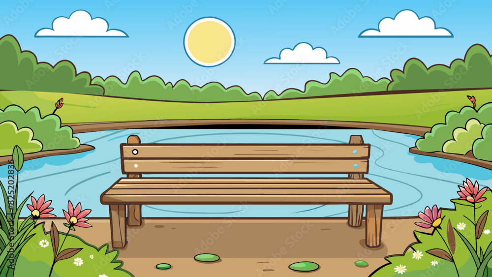 Poster a rustic wooden bench sits nestled in a flower garden overlooking a serene pond. the benchs smooth p