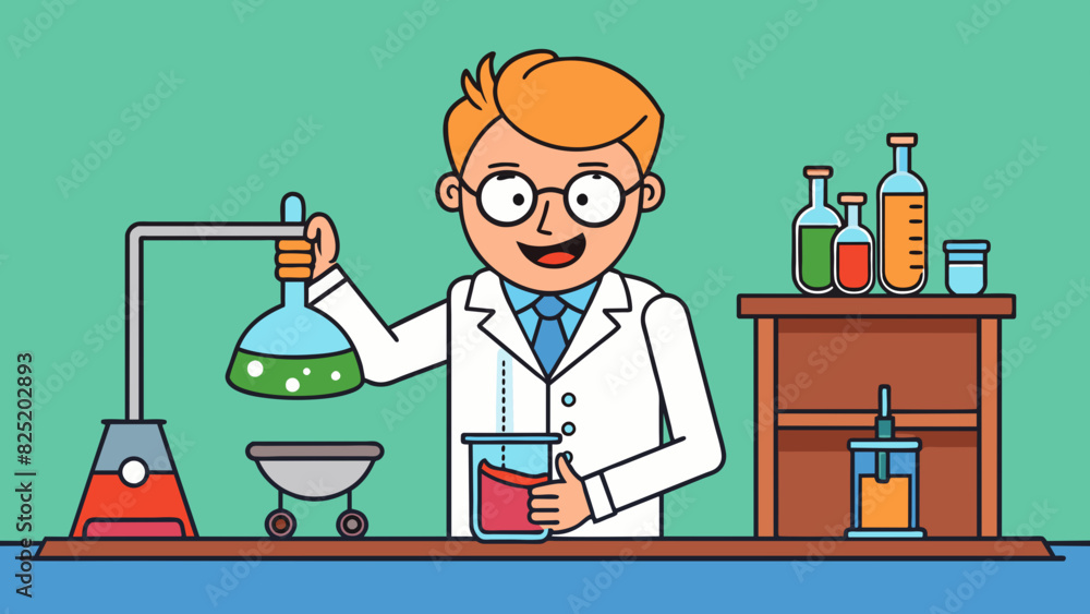 Poster A scientist is conducting an experiment in a lab carefully adding and mixing chemicals together trying to create a new substance with specific. Cartoon Vector.