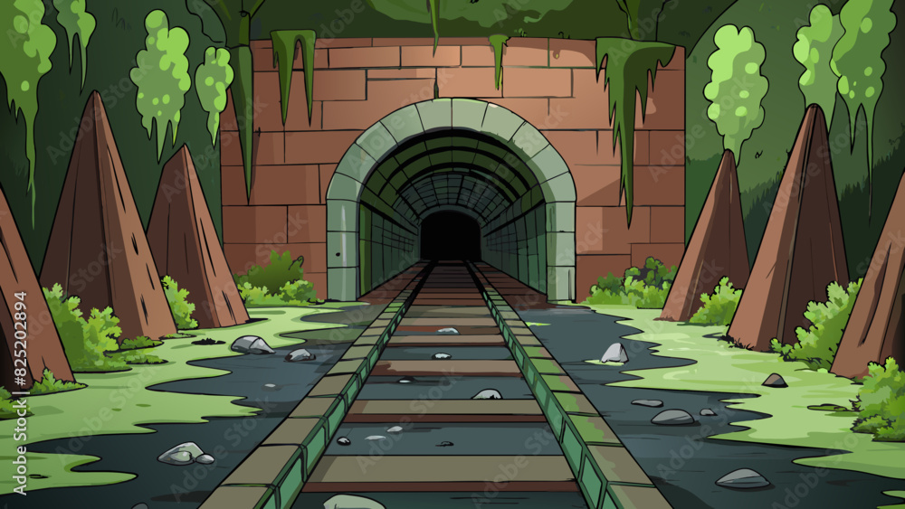 Poster a rusty abandoned railway tunnel filled with eerie darkness and dampness. the walls were covered in 