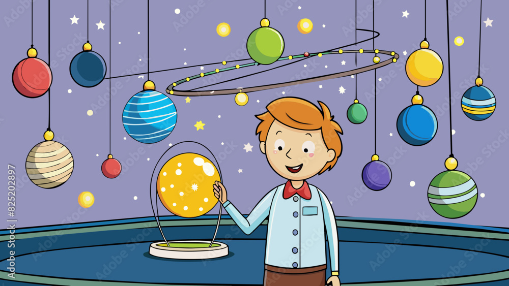 Poster A science fair project where a student will be constructing a model of a solar system. The model will consist of brightly colored Styrofoam balls. Cartoon Vector.