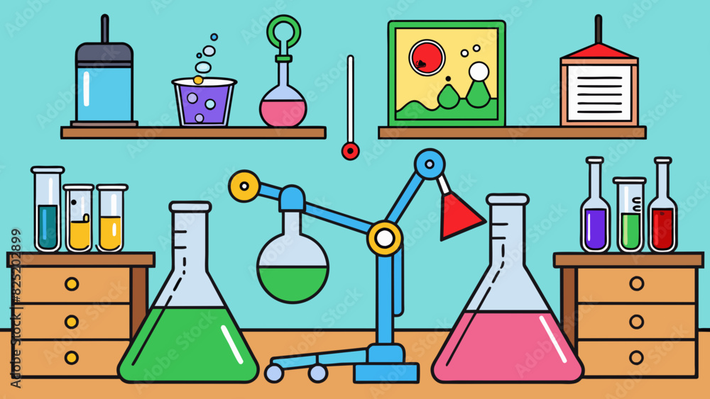 Poster A science lab with lab tables microscopes and various beakers and flasks filled with colorful liquids as well as posters outlining the scientific od. Cartoon Vector.