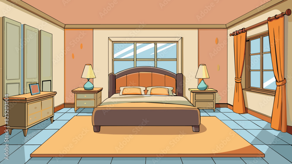 Aufkleber a serene bedroom with soft earthtoned walls a comfortable queensized bed and a large bay window invi
