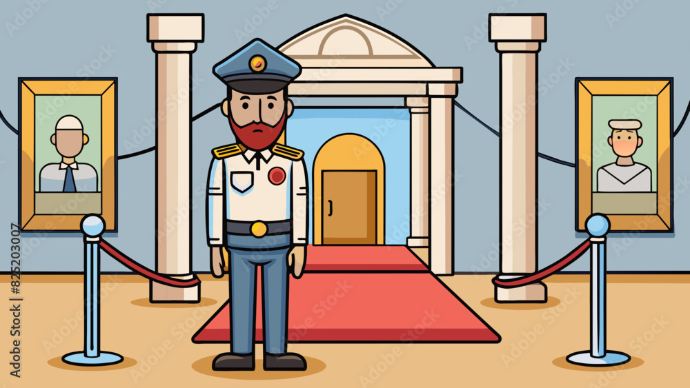 Poster a security guard stood at the entrance of the museum providing a sense of safety and protection for 
