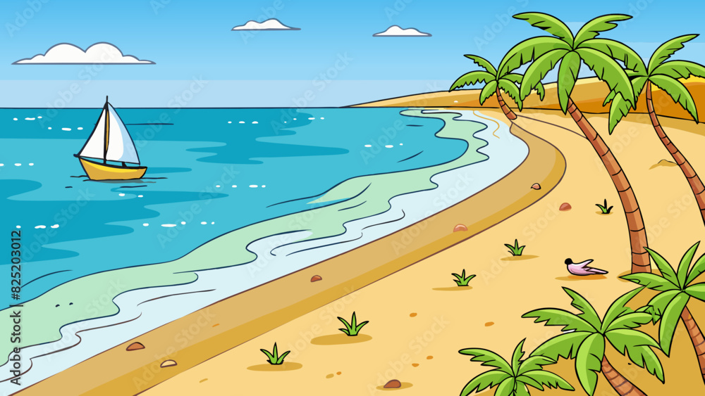 Poster a serene beach the beach is a stretch of soft golden sand with crystal clear water gently lapping at