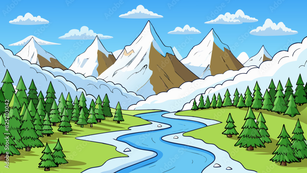 Canvas Prints a serene snowy mountain landscape with jagged peaks reaching towards the sky. pine trees dusted with