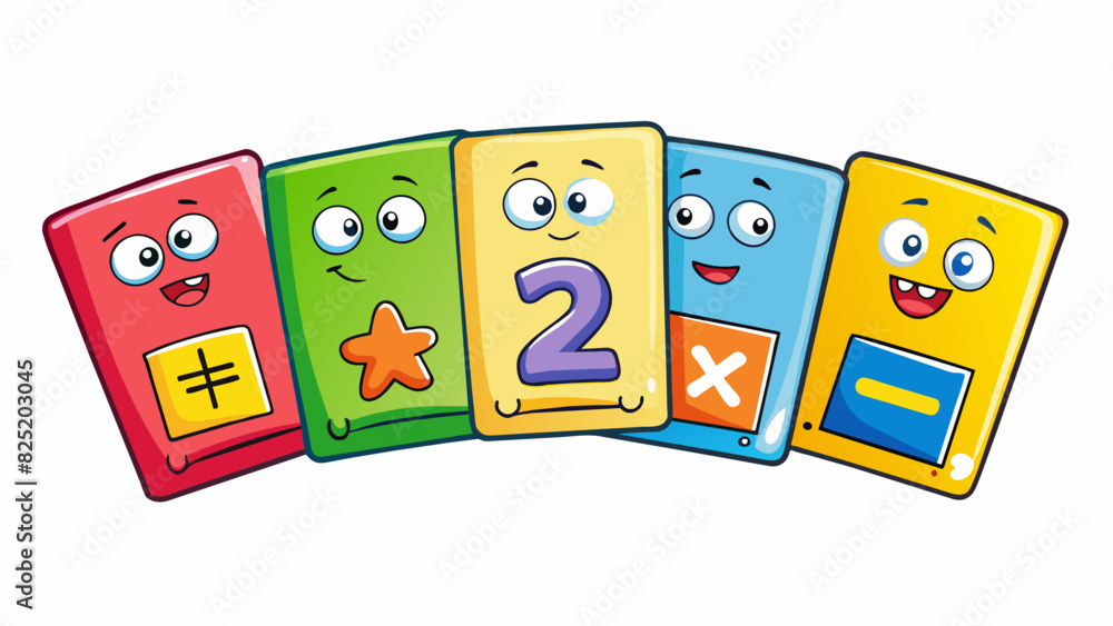 Poster a set of colorful flashcards with numbers and equations used to teach basic mathematics and improve 