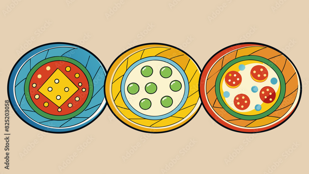 Aufkleber A set of four ceramic plates each with a different color and pattern on the rim.. Cartoon Vector.