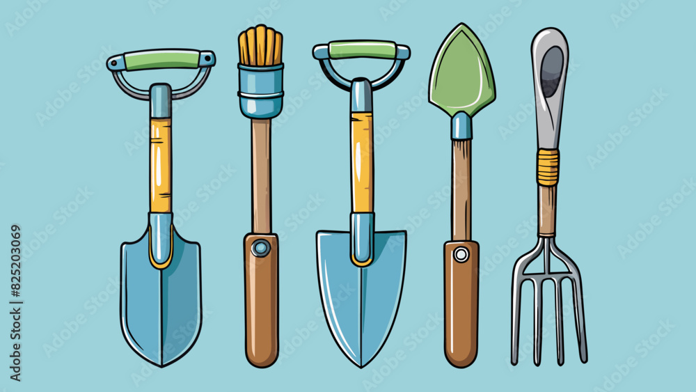 Poster a set of garden tools this set consists of a shovel rake trowel and pruning shears. they are all mad