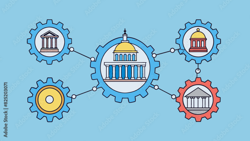 Aufkleber A series of interconnected gears each representing a different institution or branch of government turning in unison to drive the overall functioning. Cartoon Vector.