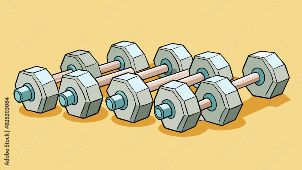 Poster A set of 10 dumbbells that weigh 50 pounds collectively are sy and solid with a noticeable weight distribution that requires effort to lift.. Cartoon Vector.