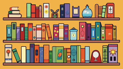 A selection of books on a shelf depicting various genres such as mystery romance science fiction historical fiction and selfhelp all with unique cover. Cartoon Vector.