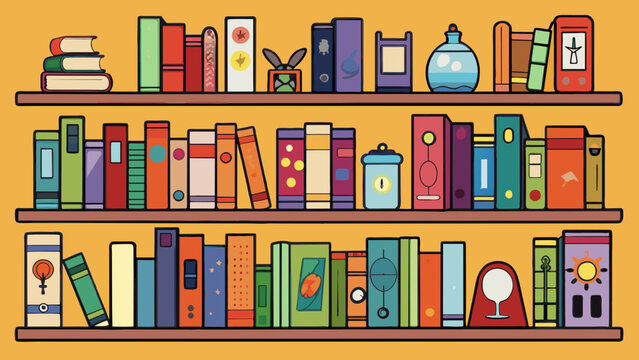 A selection of books on a shelf depicting various genres such as mystery romance science fiction historical fiction and selfhelp all with unique cover. Cartoon Vector.