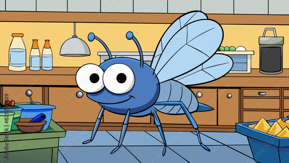 Wall mural a shiny blue fly with long thin legs navigating its way through a cluttered kitchen counter.. cartoo