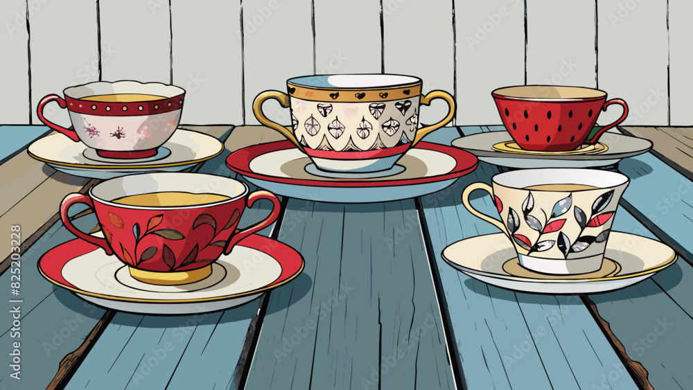Poster a set of mismatched teacups and saucers arranged in a haphazard fashion on a weathered wooden table.