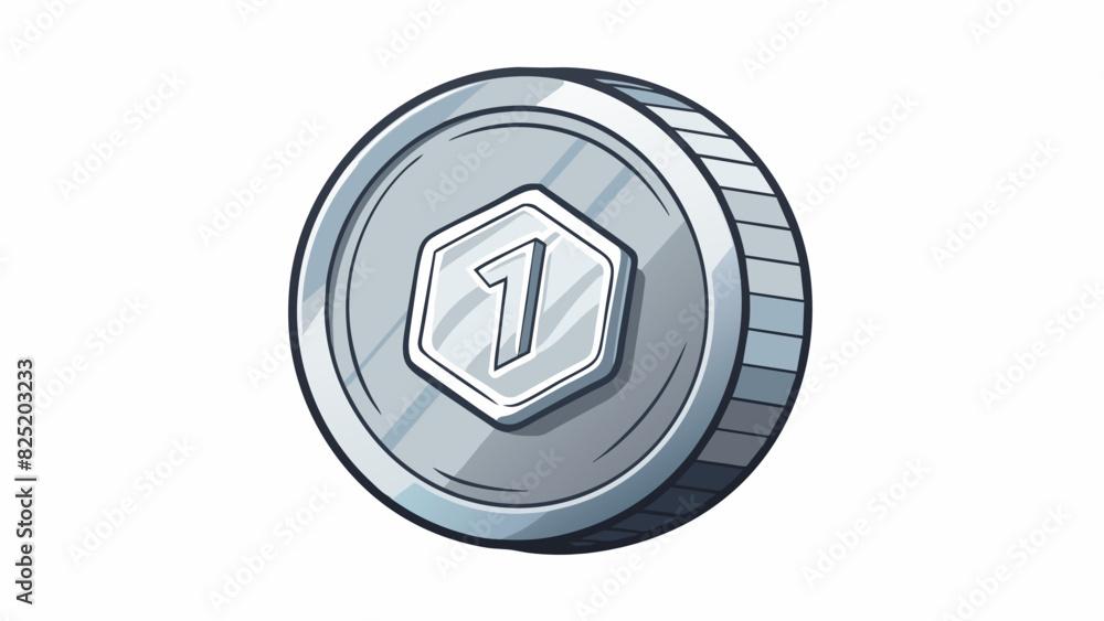 Aufkleber A shiny silvercolored coin with a raised design on one side and numerical value on the other. The edges are ridged and rough and the weight is. Cartoon Vector.