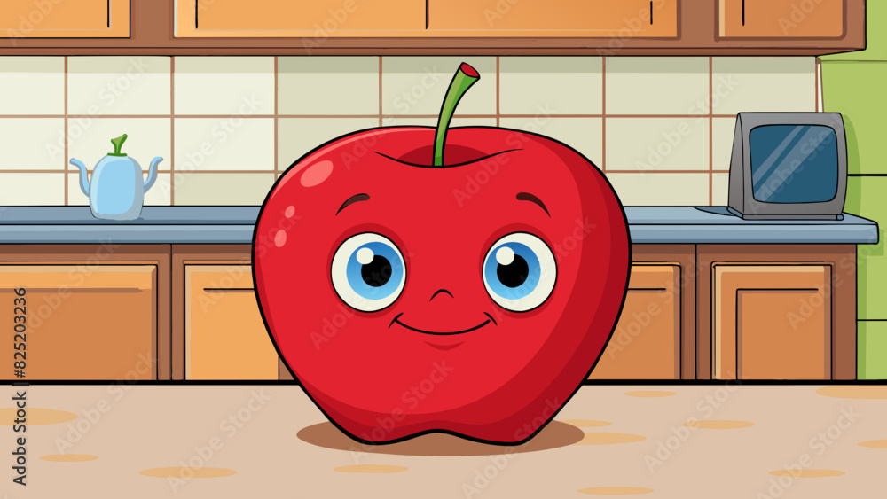 Poster a shiny red apple sits on a kitchen counter invitingly round and plump. the skin is smooth and blemi