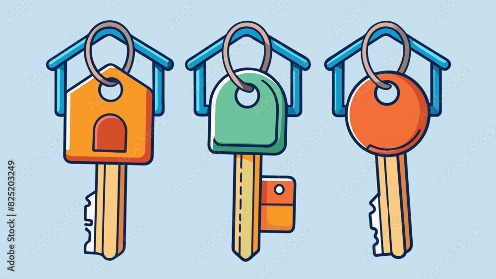 Poster A set of keys hanging from a key hook each one labeled with a different room or item. This visual represents the responsibility of managing a. Cartoon Vector.
