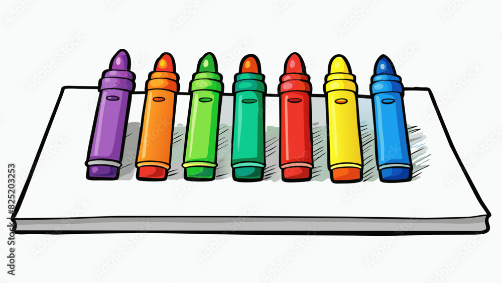 Poster A set of rainbowhued markers laid out on a white sheet of paper. Each marker has a round tip and is labeled with a vibrant color. Some are used and. Cartoon Vector.