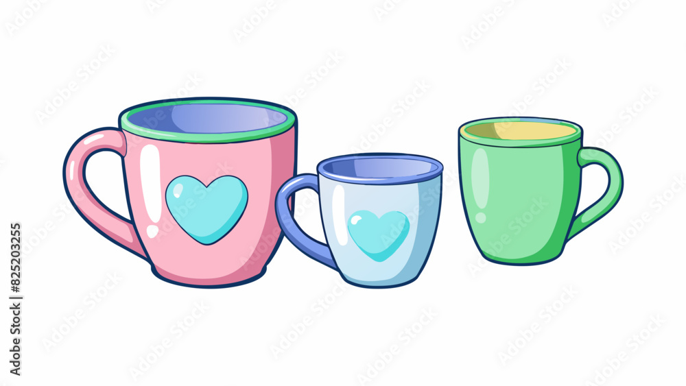 Poster a set of three ceramic mugs with different sizes and pastel colors blue pink and green. each mugs ha