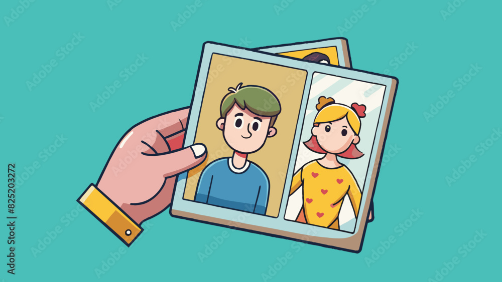 Poster A shaky hand holding a photograph questioning the authenticity and memories captured within it leading to doubtful thoughts about relationships and. Cartoon Vector.