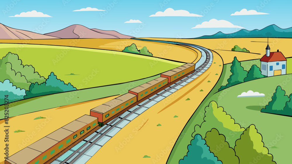 Poster A set of train tracks stretching across the open countryside disappearing into the distance as the train chugs its way along the path.. Cartoon Vector.