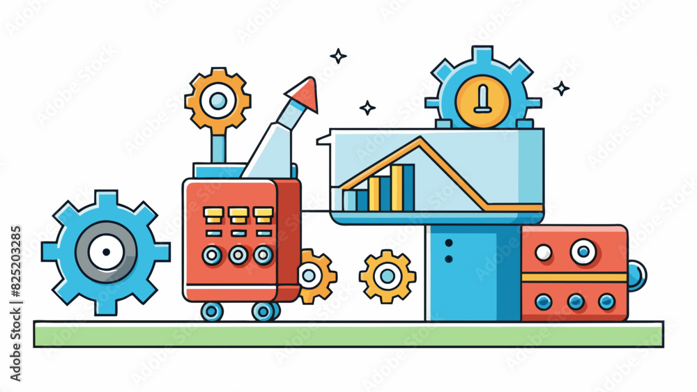 Poster A shiny new machine with gears and levers running smoothly as it churns out products at a rapid pace. The machine represents the financial investment. Cartoon Vector.