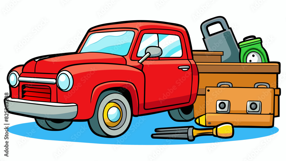 Poster A shiny red toolbox filled with an array of tools sits in the garage next to daddys old pickup truck a loyal and reliable companion on many. Cartoon Vector.