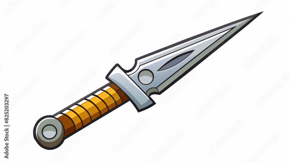 Poster A sharp metallic tool with a pointed end and a curved serrated side used for ting and slicing through materials.. Cartoon Vector.