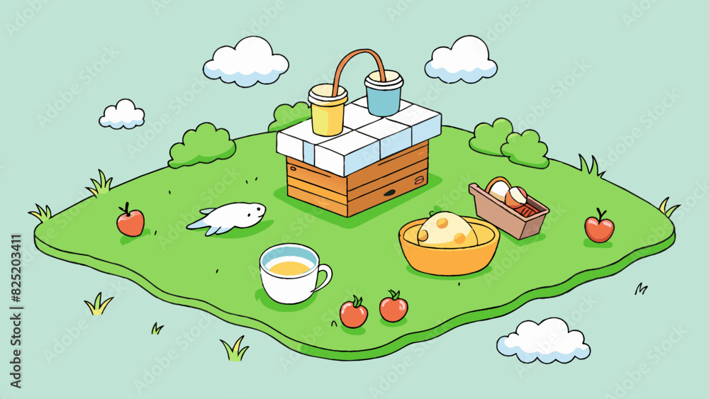 Sticker A simple picnic in the countryside spread out on a patch of soft green grass. The wicker basket is filled with sandwiches fruit and a thermos of tea.. Cartoon Vector.