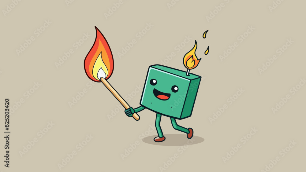 Poster A short stubby matchstick with a green end is being lit by a candle flame the tiny sparks dancing as the match ignites.. Cartoon Vector.