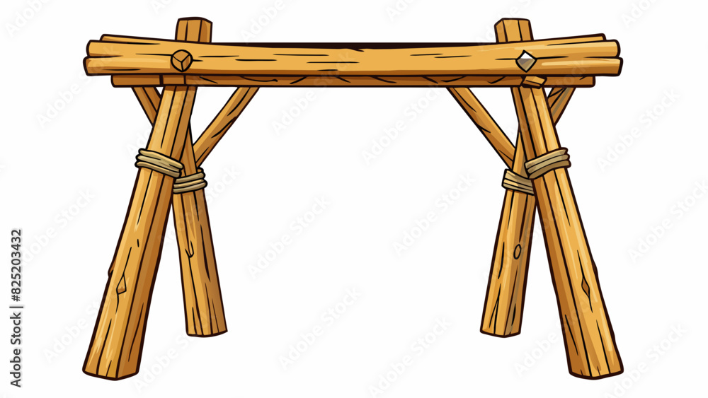 Poster A simple rustic stand crafted from thick tree branches and twine. It has a natural unfinished look and can be used as a plant stand with a rectangular. Cartoon Vector.
