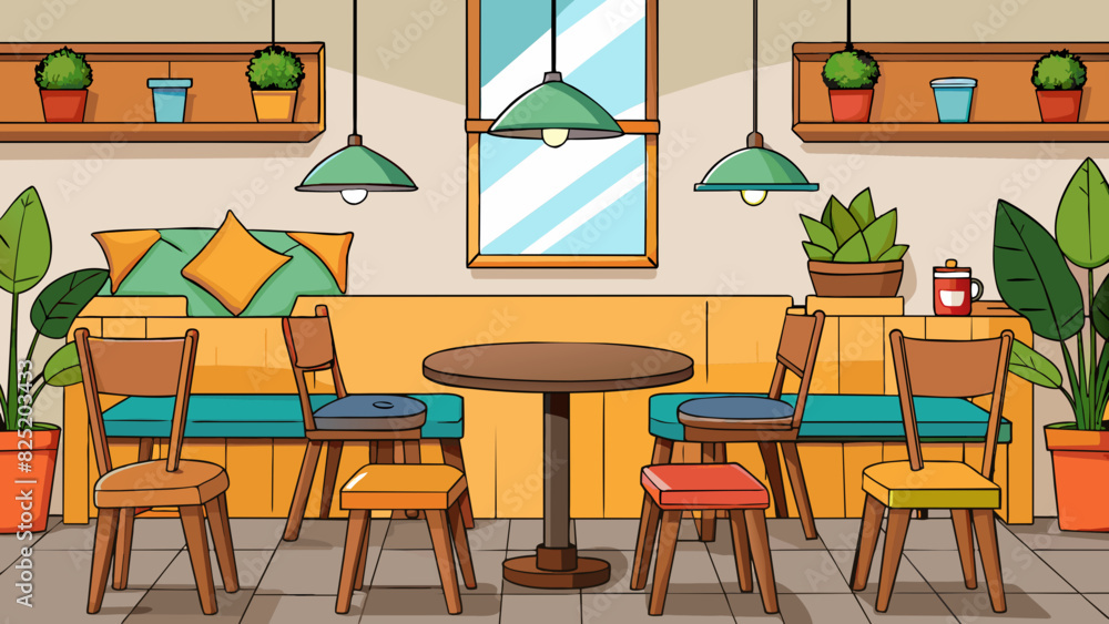 Poster As I entered a cozy coffee shop I immediately felt at ease with its warm and inviting decor. The wooden tables and chairs were adorned with colorful. Cartoon Vector.