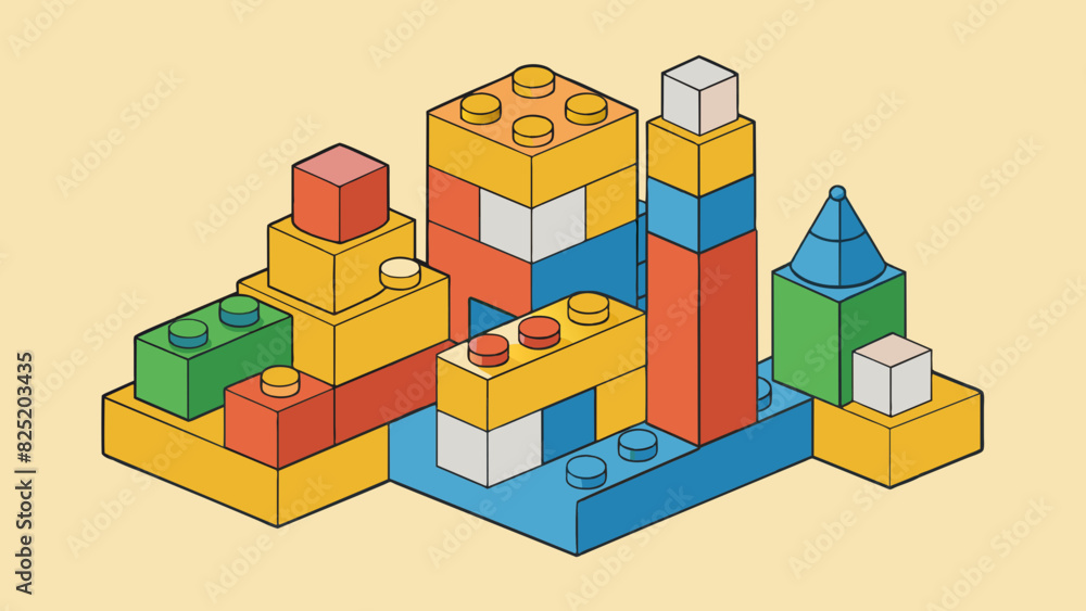 Poster A simple set of building blocks with different shapes and sizes such as squares rectangles and triangles provides a foundation for constructing. Cartoon Vector.