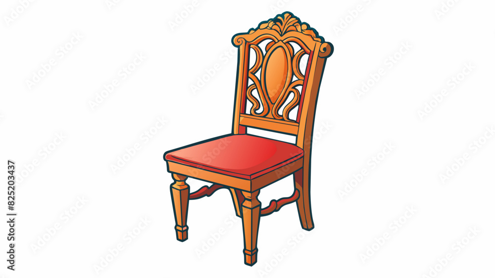 Poster a single wooden dining chair with a curved backrest and finely carved details along the edges.. cart