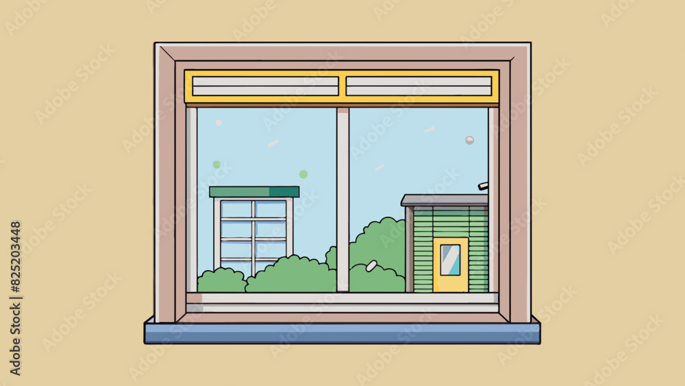 Poster A simple square window with a vinyl frame and a pulldown screen. It is positioned low to the ground and gives a clear view of the busy street below.. Cartoon Vector.