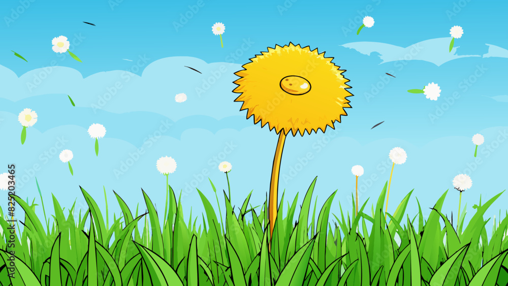 Aufkleber a single yellow dandelion standing tall in a field of green grass. its fluffy white seeds are ready 