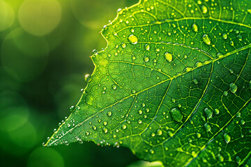 water drops on a green leaf in a macro photo style