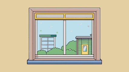 A simple square window with a vinyl frame and a pulldown screen. It is positioned low to the ground and gives a clear view of the busy street below.. Cartoon Vector.
