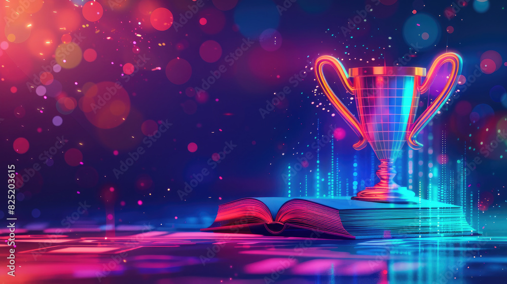 Poster a trophy is placed on top of an open book. the trophy is shiny and the book is open to a page with a