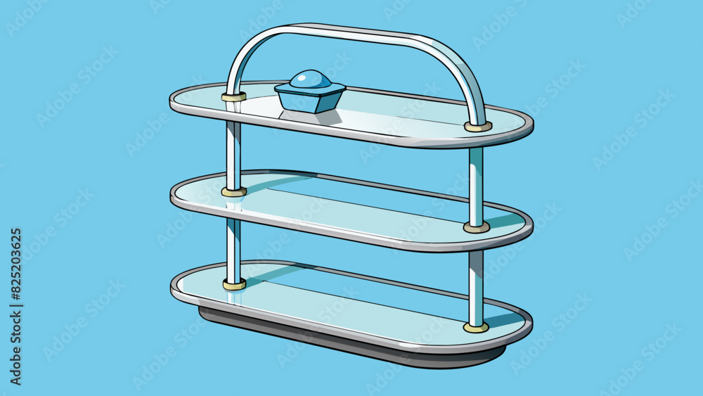 Wall mural A sleek modern stand made of shiny metal and transparent glass with three shelves that seem to float in midair. Each shelf has rounded edges and can. Cartoon Vector.