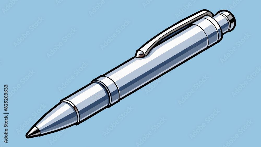 Poster a sleek cylindrical pen made of shiny silver metal with a small clip on the side for easy attachment